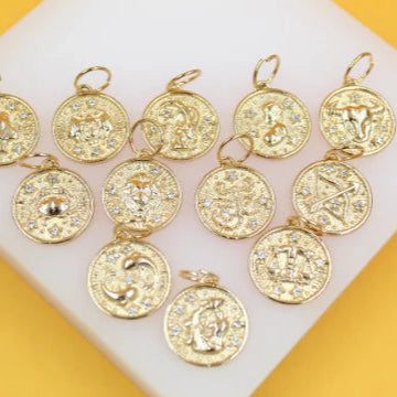 18K Gold Filled Coin Disc Medallion Zodiac Horoscope Charm Pendant