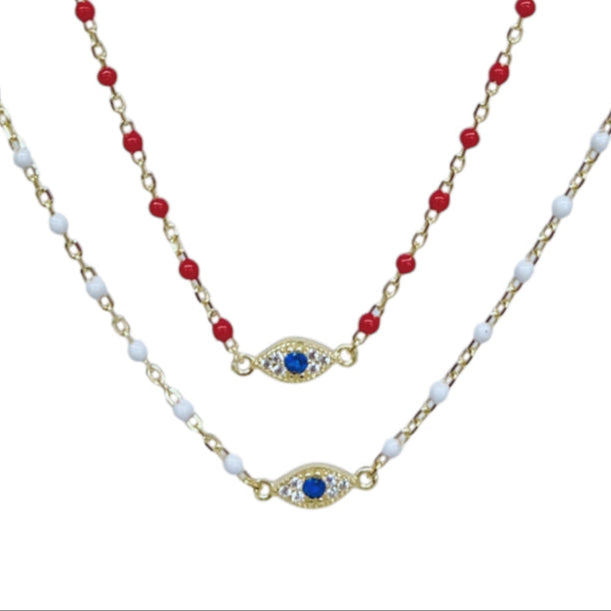 White Bead and Blue Evil Eye Gold Plated Sterling Silver Base Dainty Bracelet